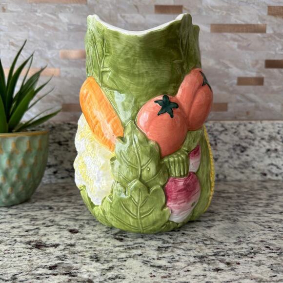 Pitcher, Vintage, Majolica, Ceramic Handpainted Garden Vegetables Decor, Italian - Picture 4 of 10
